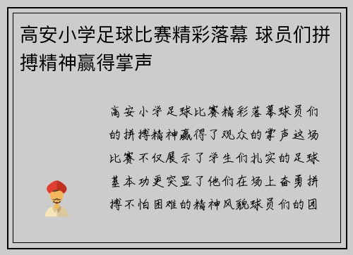 高安小学足球比赛精彩落幕 球员们拼搏精神赢得掌声