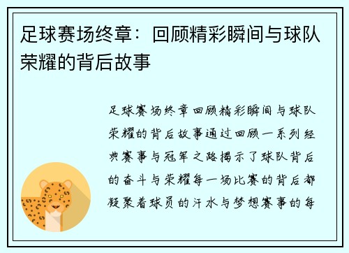 足球赛场终章：回顾精彩瞬间与球队荣耀的背后故事
