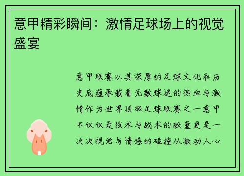 意甲精彩瞬间：激情足球场上的视觉盛宴