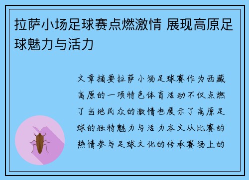 拉萨小场足球赛点燃激情 展现高原足球魅力与活力