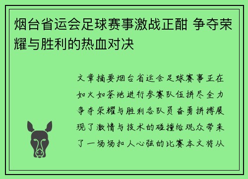 烟台省运会足球赛事激战正酣 争夺荣耀与胜利的热血对决
