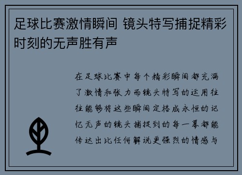 足球比赛激情瞬间 镜头特写捕捉精彩时刻的无声胜有声