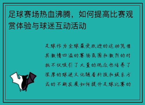 足球赛场热血沸腾，如何提高比赛观赏体验与球迷互动活动