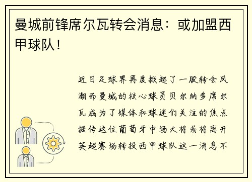 曼城前锋席尔瓦转会消息：或加盟西甲球队！