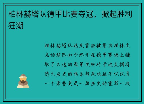 柏林赫塔队德甲比赛夺冠，掀起胜利狂潮