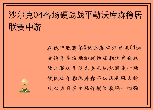 沙尔克04客场硬战战平勒沃库森稳居联赛中游
