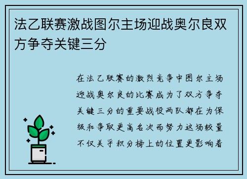 法乙联赛激战图尔主场迎战奥尔良双方争夺关键三分