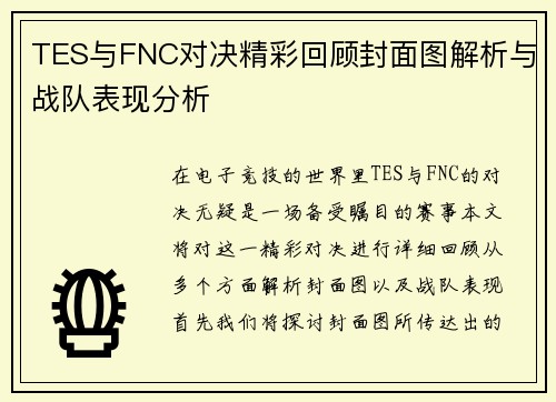 TES与FNC对决精彩回顾封面图解析与战队表现分析