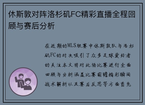 休斯敦对阵洛杉矶FC精彩直播全程回顾与赛后分析