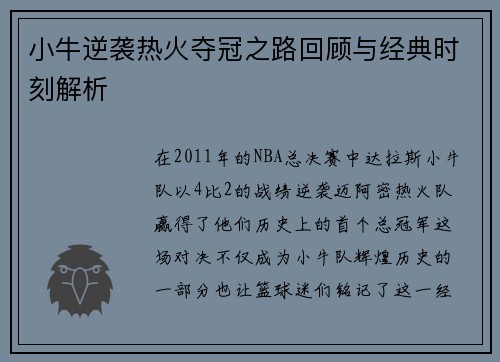 小牛逆袭热火夺冠之路回顾与经典时刻解析
