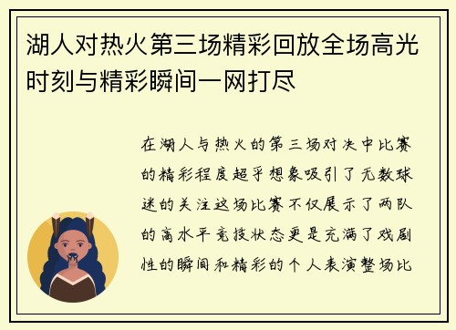 湖人对热火第三场精彩回放全场高光时刻与精彩瞬间一网打尽