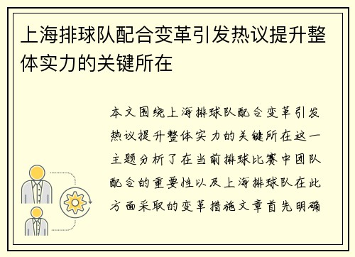 上海排球队配合变革引发热议提升整体实力的关键所在