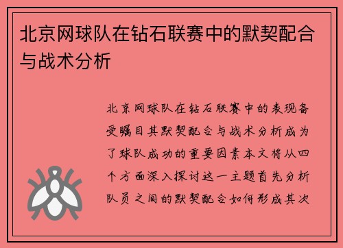 北京网球队在钻石联赛中的默契配合与战术分析