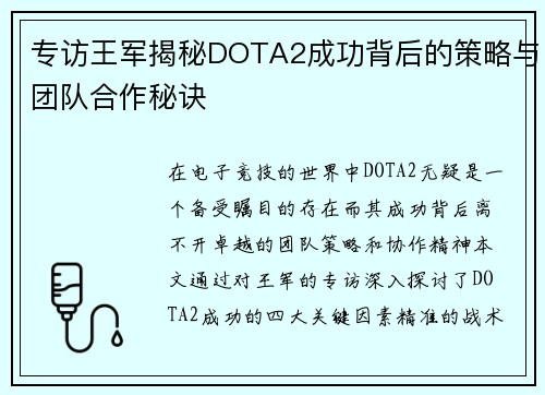专访王军揭秘DOTA2成功背后的策略与团队合作秘诀